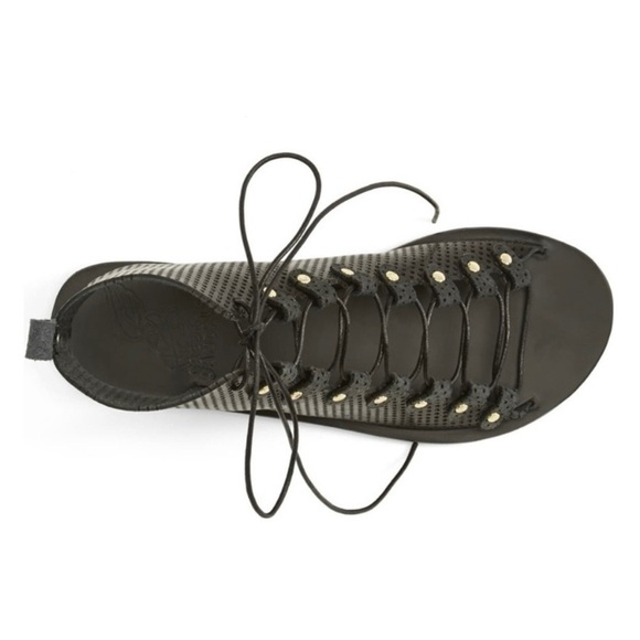ANCIENT‎ GREEK SANDALS Mache Gladiator Lace Up Sandals, Perforated Black - Picture 2 of 10
